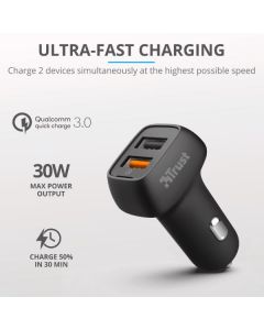 ALIMENTATORE AUTO 2 USB 30W FAST Q3 Qmax 30W Ultra-Fast Dual USB Car Charger with QC3.0